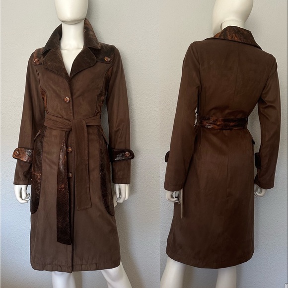 SALE🔥🔥NWT WOMEN TRENCH COAT LINED BELTED COAT ANIMAL PRINT VELOUR JACKET BROWN - Picture 8 of 15